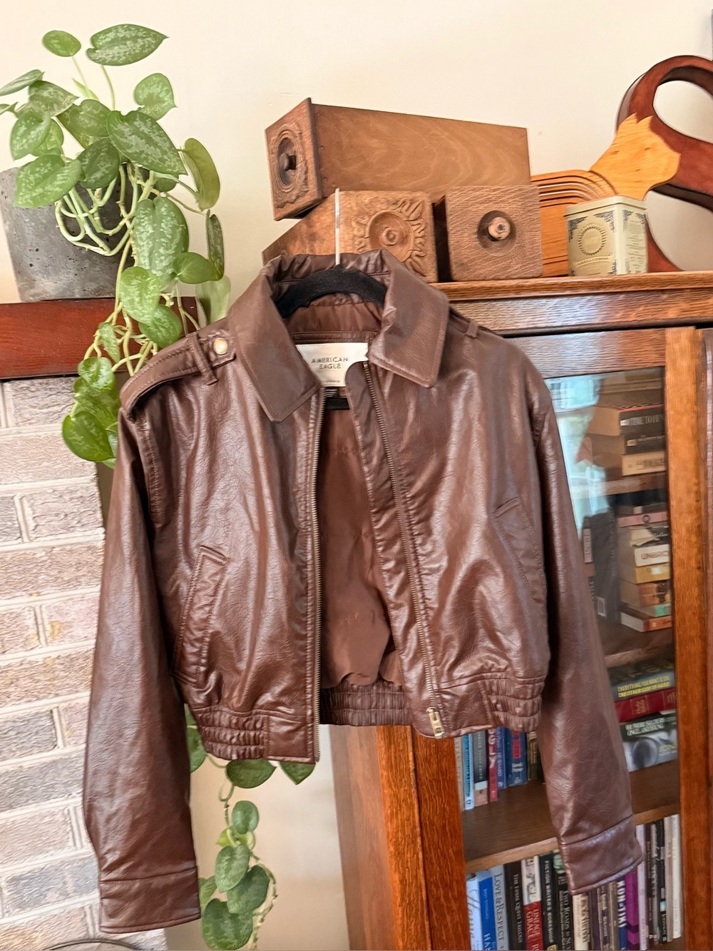 American Eagle Outfitters Brown Faux Leather Cropped Bomber Jacket